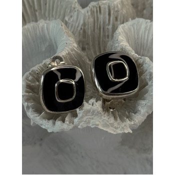 925 Sterling Silver Black & Brown Onyx Clip Earrings Length 0.60 inch