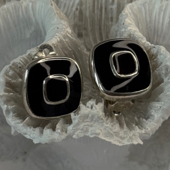 925 Sterling Silver Black & Brown Onyx Clip Earrings Length 0.60 Inch