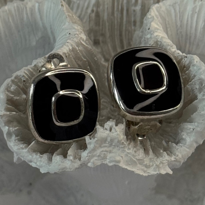 925 Sterling Silver Black & Brown Onyx Clip Earrings Length 0.60 Inch