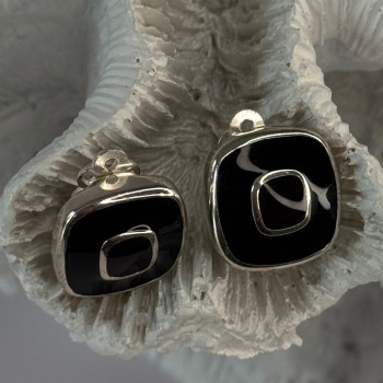 925 Sterling Silver Black & Brown Onyx Clip Earrings Length 0.60 Inch
