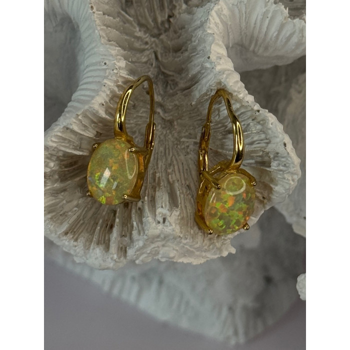 925 Sterling Silver Gold Plated Opal Earrings Length 0.70 inch