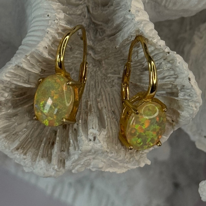 925 Sterling Silver Gold Plated Opal Earrings Length 0.70 Inch