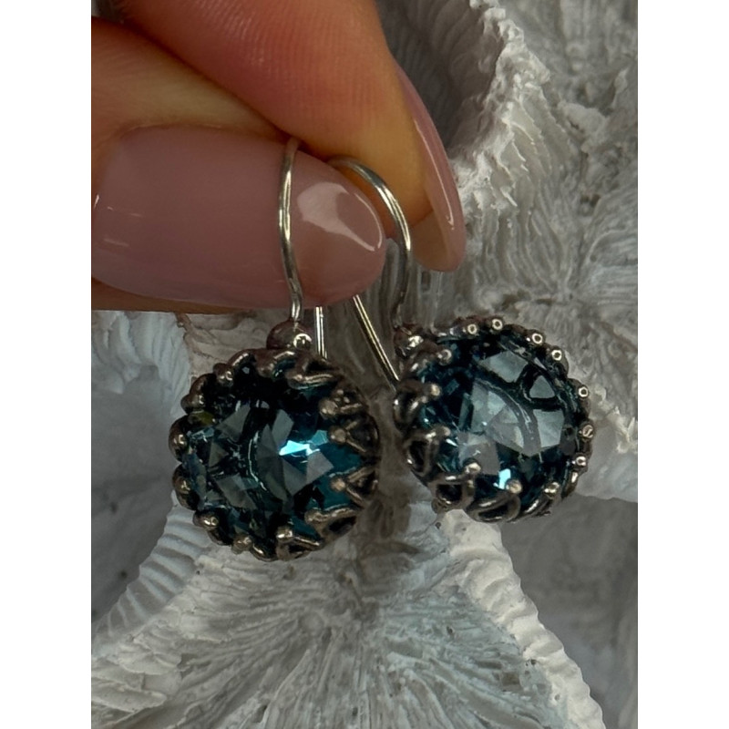 925 Sterling Silver Blue Tourmaline Earrings Length 1 inch
