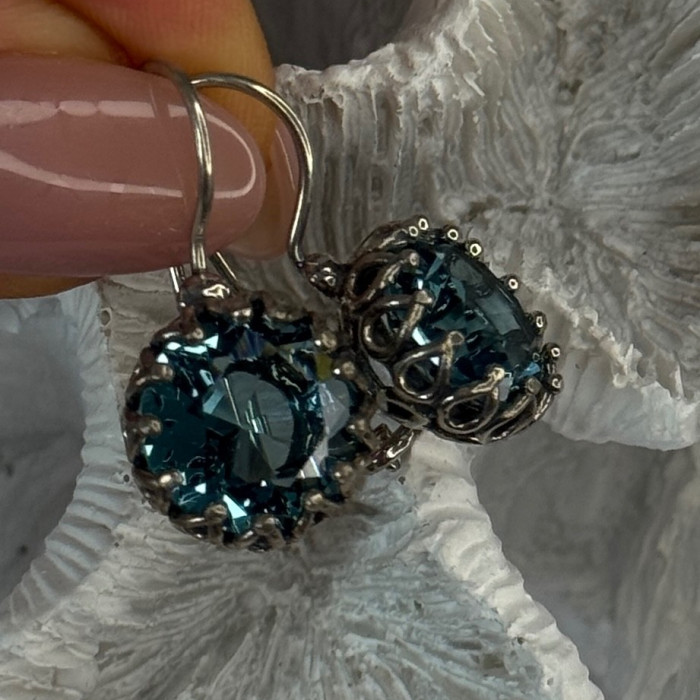925 Sterling Silver Blue Tourmaline Earrings Length 1 Inch