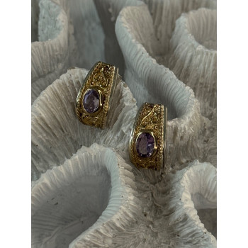 925 Sterling Silver Gold Plated Part Amethyst Earrings Length 0.70 inch