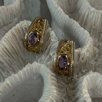 925 Sterling Silver Gold Plated Part Amethyst Earrings Length 0.70 Inch