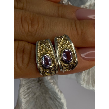 925 Sterling Silver Gold Plated Part Amethyst Earrings Length 0.70 inch