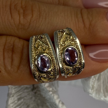 925 Sterling Silver Gold Plated Part Amethyst Earrings Length 0.70 Inch