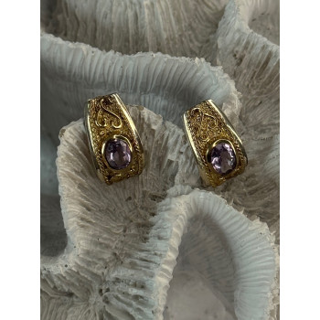 925 Sterling Silver Gold Plated Part Amethyst Earrings Length 0.70 inch