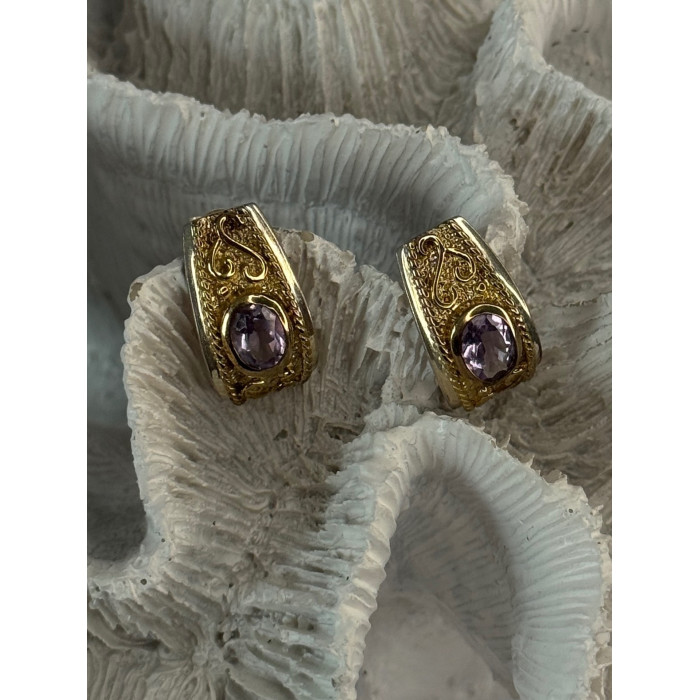 925 Sterling Silver Gold Plated Part Amethyst Earrings Length 0.70 inch