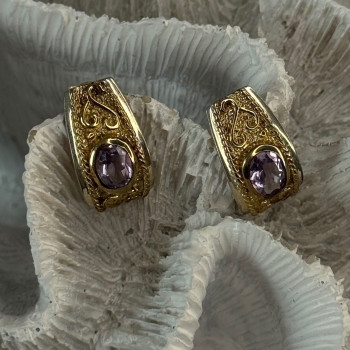 925 Sterling Silver Gold Plated Part Amethyst Earrings Length 0.70 Inch