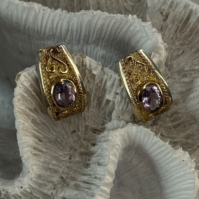 925 Sterling Silver Gold Plated Part Amethyst Earrings Length 0.70 Inch
