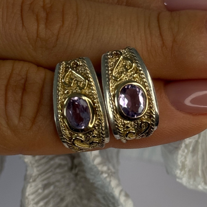 925 Sterling Silver Gold Plated Part Amethyst Earrings Length 0.70 Inch