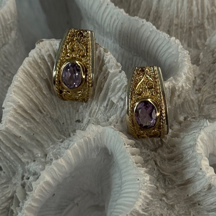 925 Sterling Silver Gold Plated Part Amethyst Earrings Length 0.70 Inch