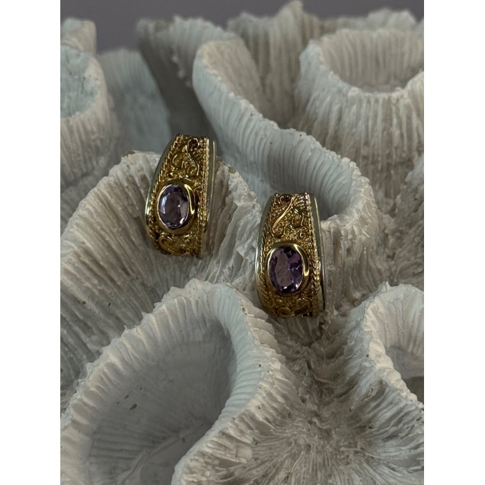 925 Sterling Silver Gold Plated Part Amethyst Earrings Length 0.70 inch