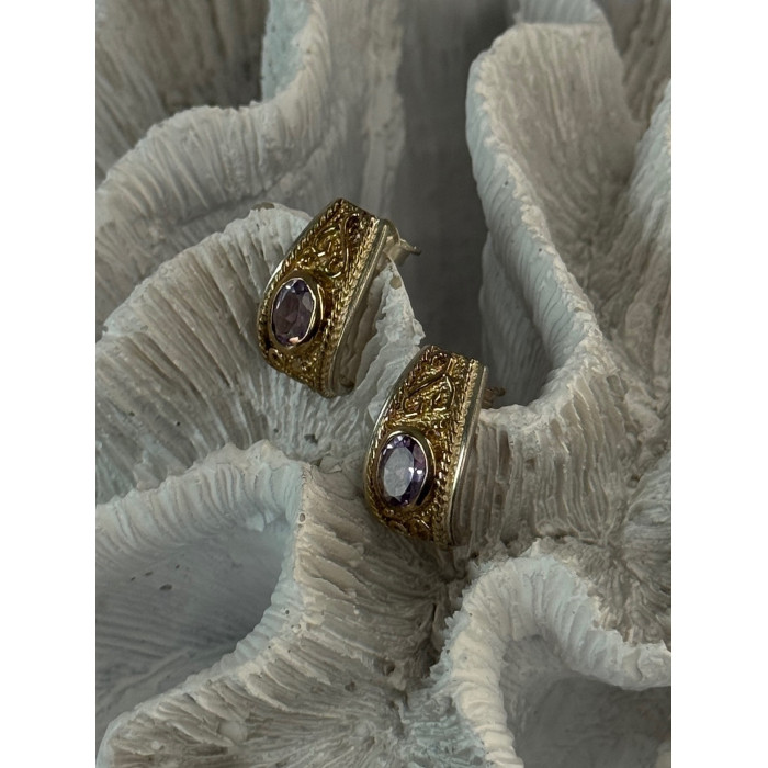 925 Sterling Silver Gold Plated Part Amethyst Earrings Length 0.70 inch