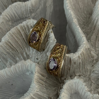 925 Sterling Silver Gold Plated Part Amethyst Earrings Length 0.70 Inch