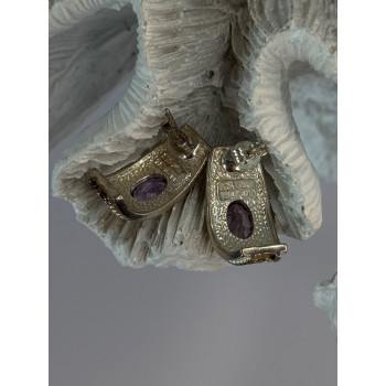 925 Sterling Silver Gold Plated Part Amethyst Earrings Length 0.70 inch