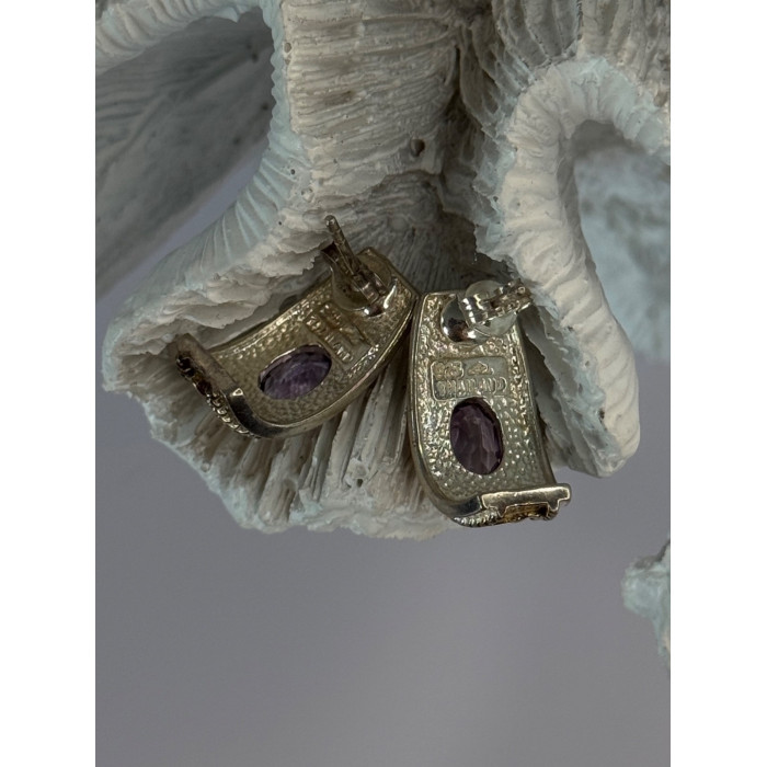 925 Sterling Silver Gold Plated Part Amethyst Earrings Length 0.70 inch