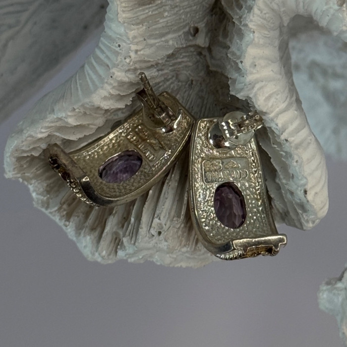 925 Sterling Silver Gold Plated Part Amethyst Earrings Length 0.70 Inch