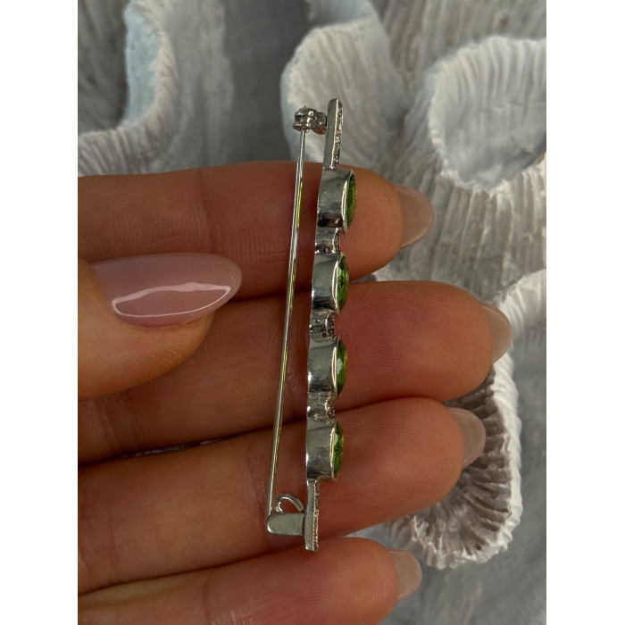 925 Sterling Silver Peridot & Marcasite Brooch Length 2.15 inch