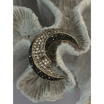 925 Sterling Silver Moon Marcasite & Cz Brooch Length 1.40 inch