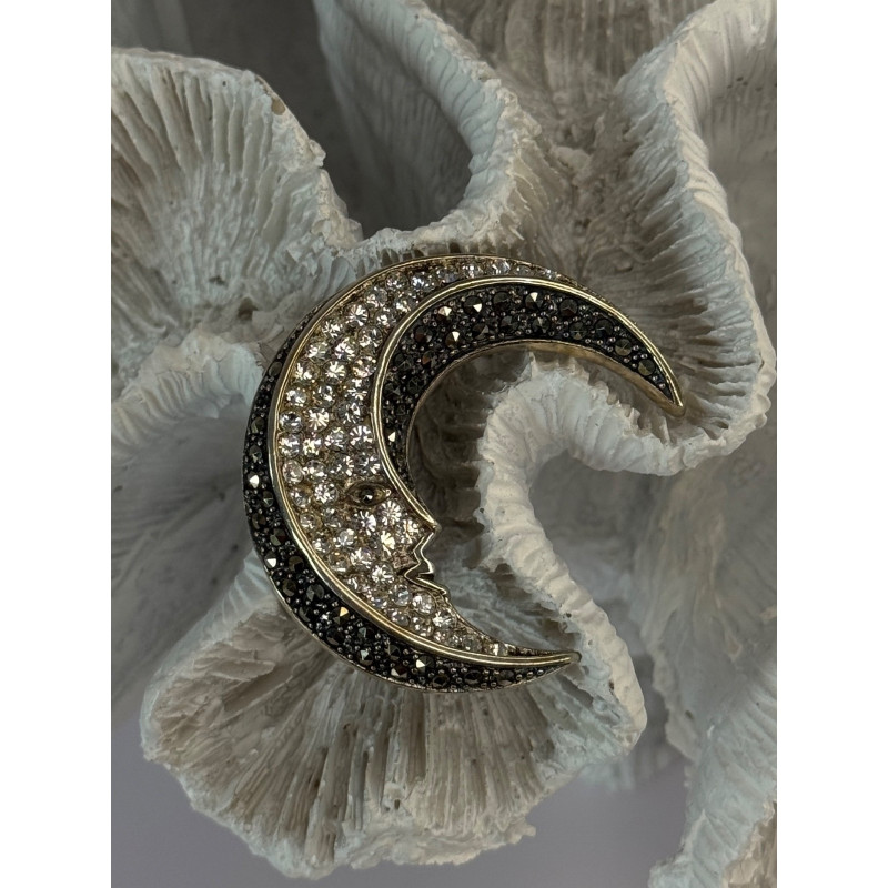 925 Sterling Silver Moon Marcasite & Cz Brooch Length 1.40 inch