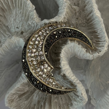 925 Sterling Silver Moon Marcasite & Cz Brooch Length 1.40 Inch