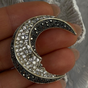 925 Sterling Silver Moon Marcasite & Cz Brooch Length 1.40 Inch