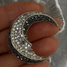 925 Sterling Silver Moon Marcasite & Cz Brooch Length 1.40 Inch