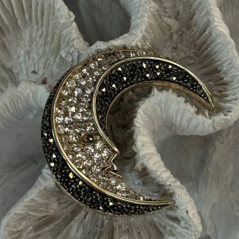925 Sterling Silver Moon Marcasite & Cz Brooch Length 1.40 Inch