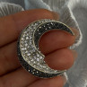 925 Sterling Silver Moon Marcasite & Cz Brooch Length 1.40 Inch