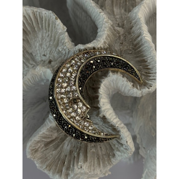 925 Sterling Silver Moon Marcasite & Cz Brooch Length 1.40 inch