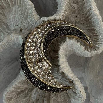 925 Sterling Silver Moon Marcasite & Cz Brooch Length 1.40 Inch