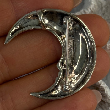 925 Sterling Silver Moon Marcasite & Cz Brooch Length 1.40 Inch