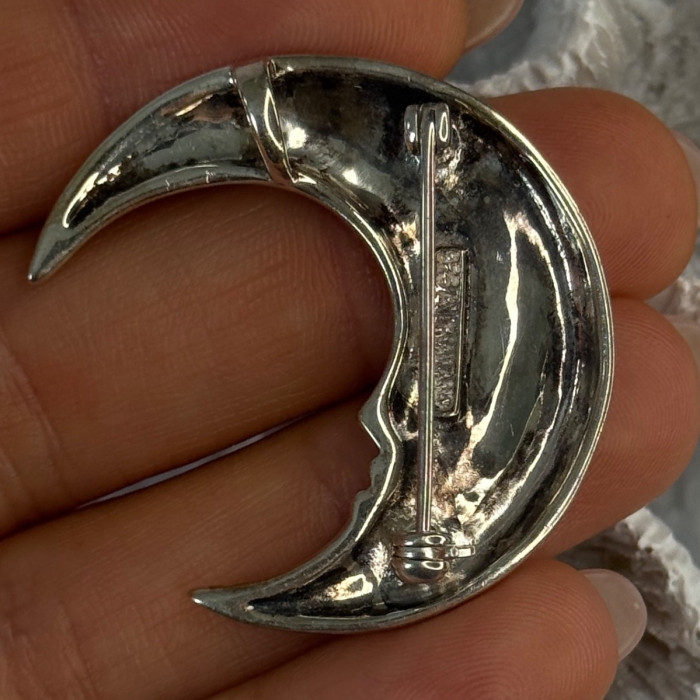 925 Sterling Silver Moon Marcasite & Cz Brooch Length 1.40 Inch