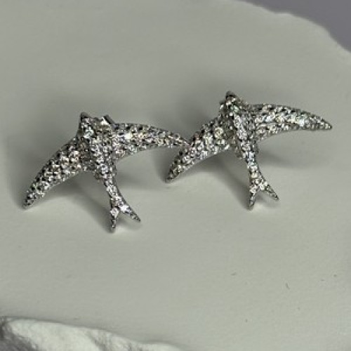 925 Sterling Silver Swallow Stud Earrings CZ Length 0.55 Inch