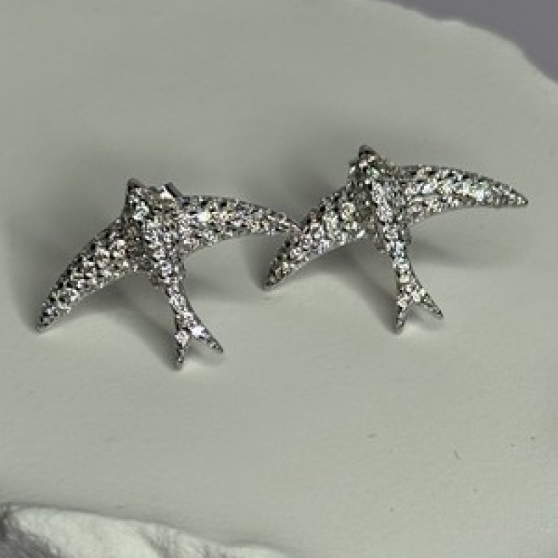 925 Sterling Silver Swallow Stud Earrings CZ Length 0.55 Inch