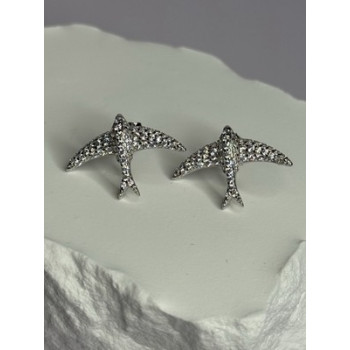 925 Sterling Silver Swallow Stud Earrings CZ Length 0.55 Inch