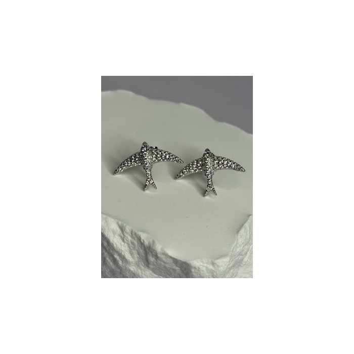 925 Sterling Silver Swallow Stud Earrings CZ Length 0.55 Inch