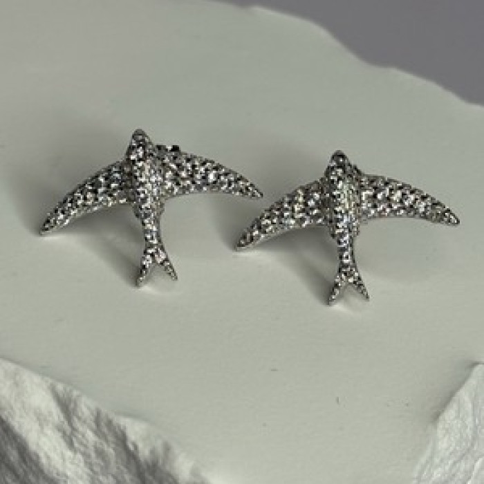 925 Sterling Silver Swallow Stud Earrings CZ Length 0.55 Inch