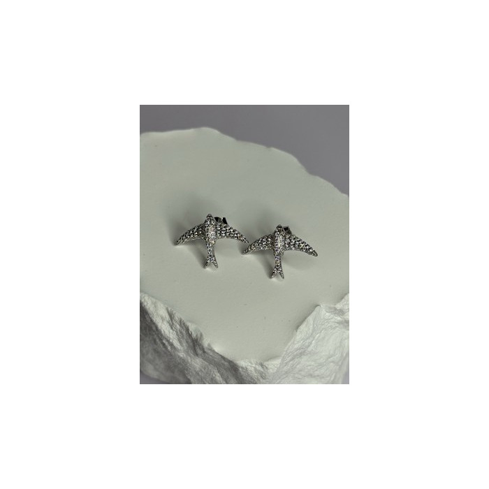 925 Sterling Silver Swallow Stud Earrings CZ Length 0.55 Inch