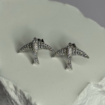 925 Sterling Silver Swallow Stud Earrings CZ Length 0.55 Inch