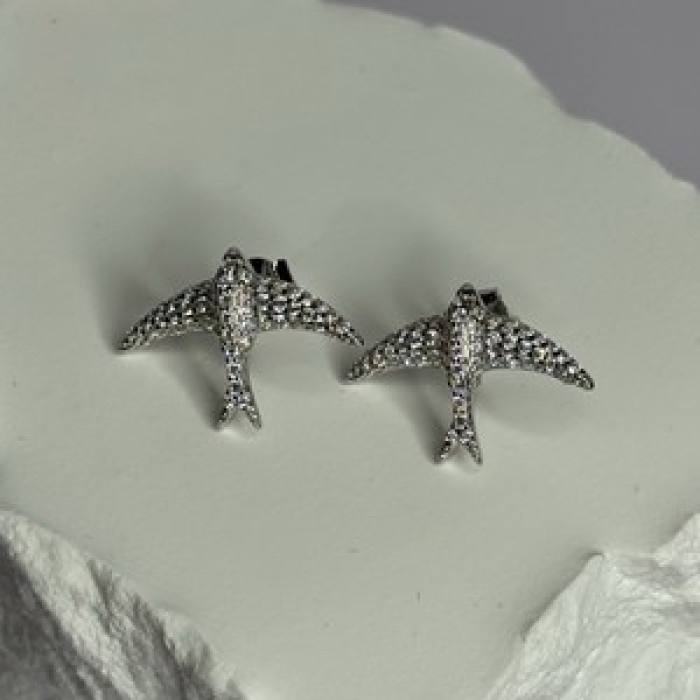 925 Sterling Silver Swallow Stud Earrings CZ Length 0.55 Inch