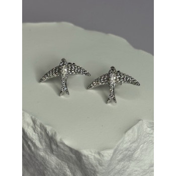925 Sterling Silver Swallow Stud Earrings CZ Length 0.55 Inch