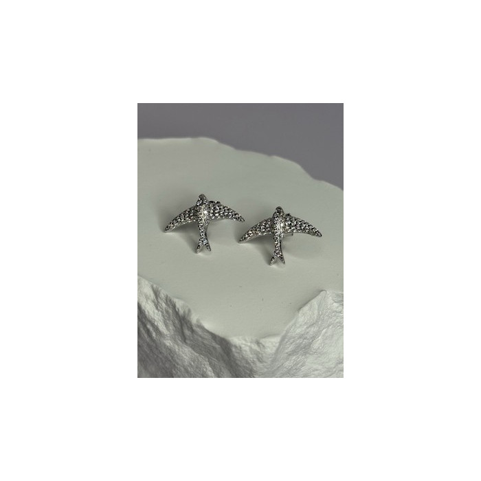 925 Sterling Silver Swallow Stud Earrings CZ Length 0.55 Inch