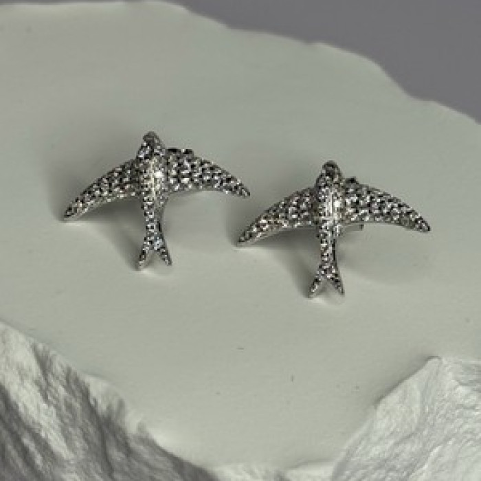 925 Sterling Silver Swallow Stud Earrings CZ Length 0.55 Inch