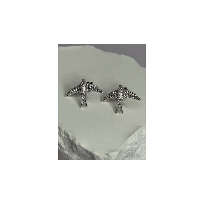 925 Sterling Silver Swallow Stud Earrings CZ Length 0.55 Inch