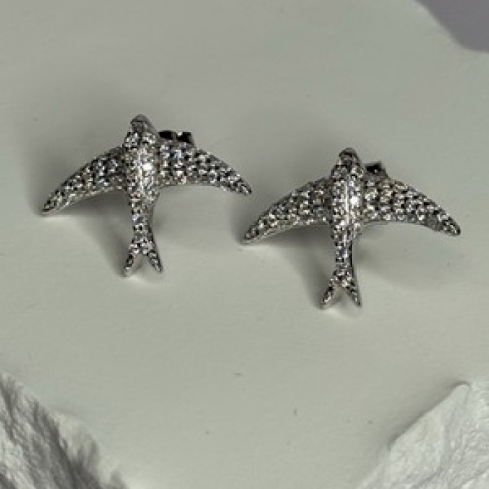 925 Sterling Silver Swallow Stud Earrings CZ Length 0.55 Inch