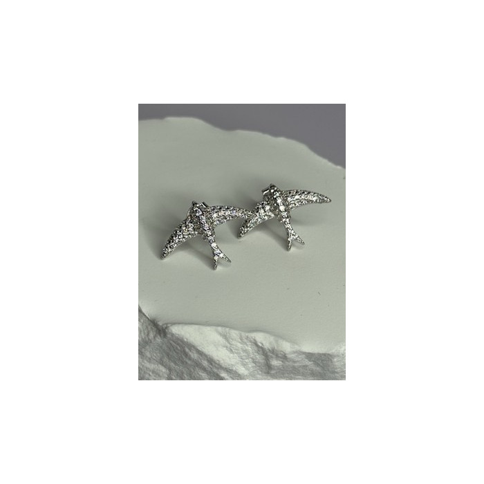 925 Sterling Silver Swallow Stud Earrings CZ Length 0.55 Inch
